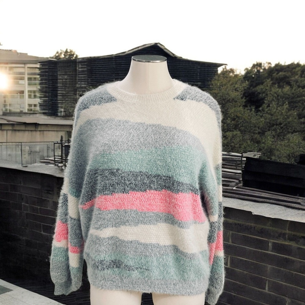 Shop Wanna B Fuzzy Striped Sweater‎ XL Oversized Soft Girl Cozy Lounge Pastel